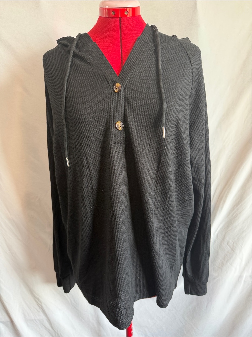 Black Waffle Knit Hooded Pullover Sweatshirt